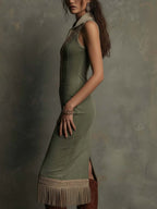 Embroidered Fringe-Hem Sleeveless Midi Dress