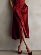 Elegant Burgundy Satin Sleeveless Button-Down Midi Dress