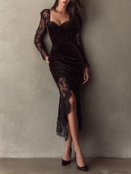 Elegant Chocolate Velvet Sweetheart Neckline Lace Midi Dress