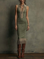 Embroidered Fringe-Hem Sleeveless Midi Dress